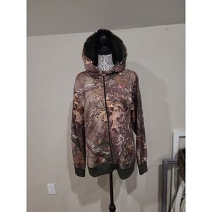 Under Armour Camo Full Zip Hooded fleece women SZ Lg. Outdoor camping gorp core